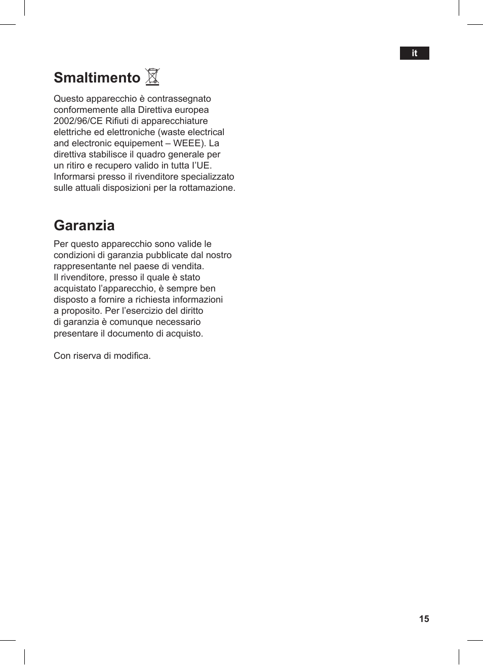 Smaltimento, Garanzia | Siemens TW86104 User Manual | Page 17 / 74