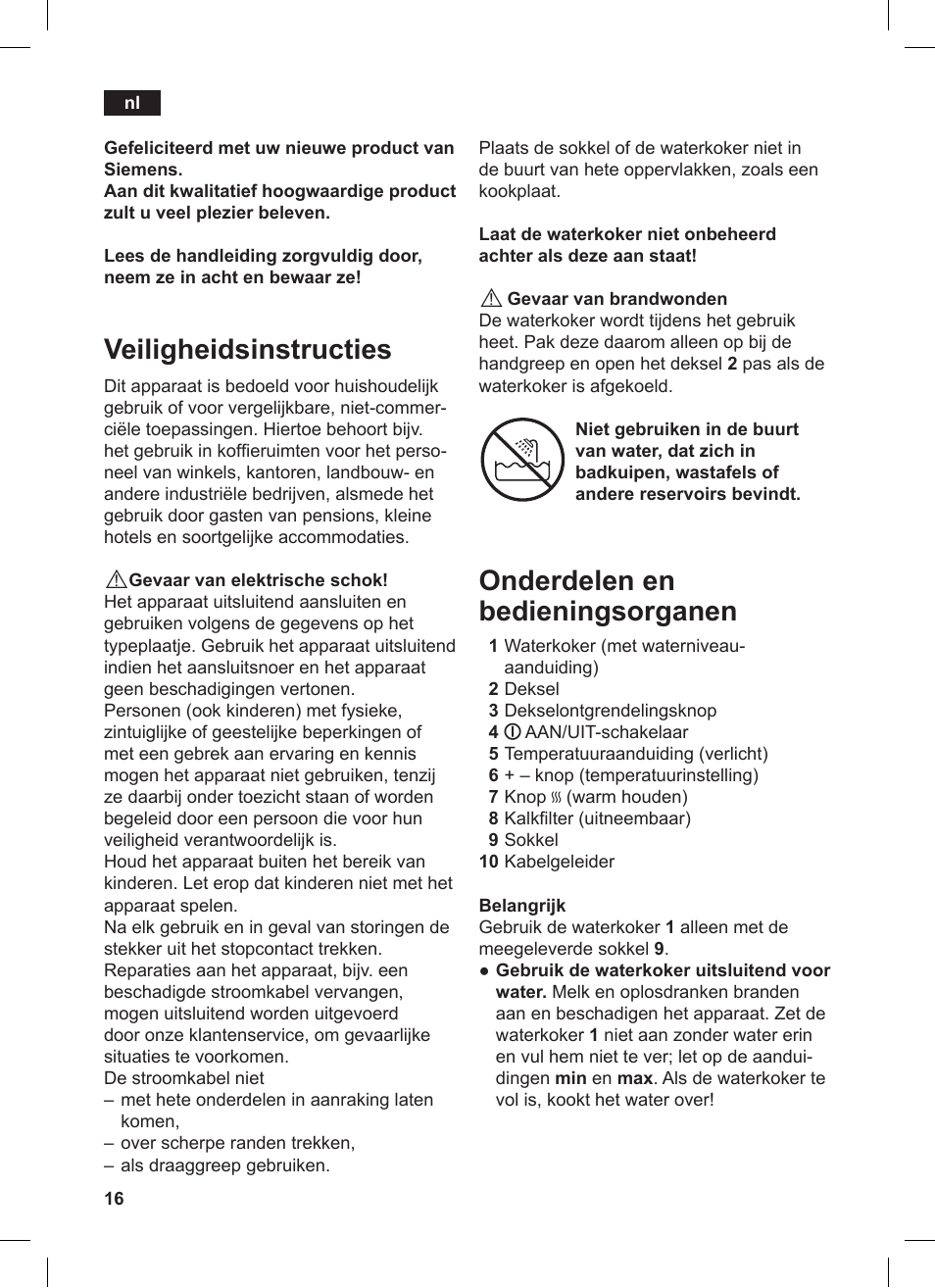 Veiligheidsinstructies, Onderdelen en bedieningsorganen | Siemens TW86104 User Manual | Page 18 / 74