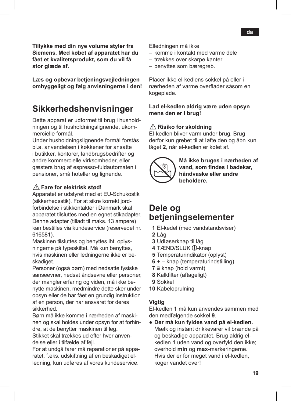 Sikkerhedshenvisninger, Dele og betjeningselementer | Siemens TW86104 User Manual | Page 21 / 74