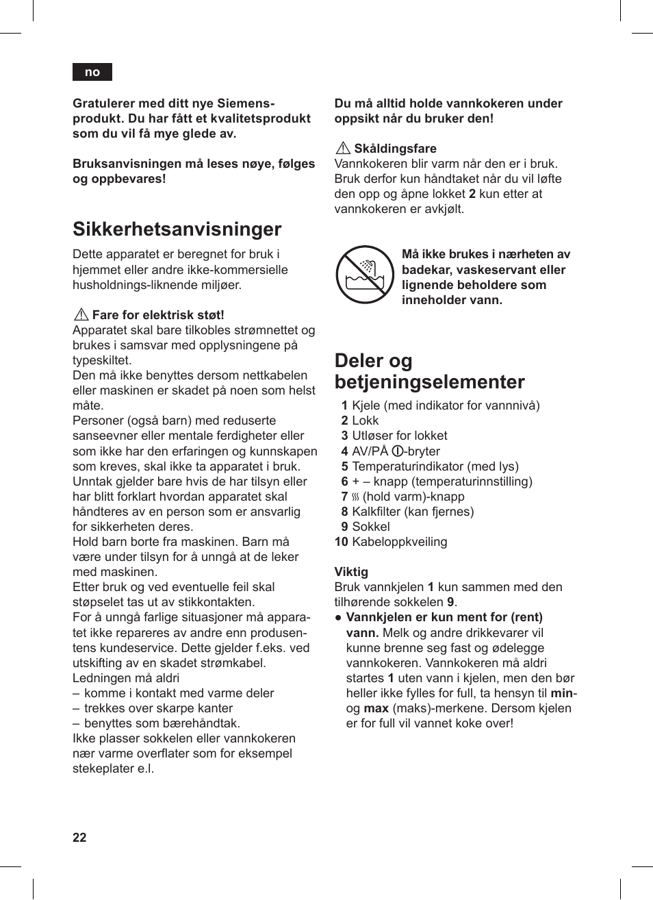 Sikkerhetsanvisninger, Deler og betjeningselementer | Siemens TW86104 User Manual | Page 24 / 74