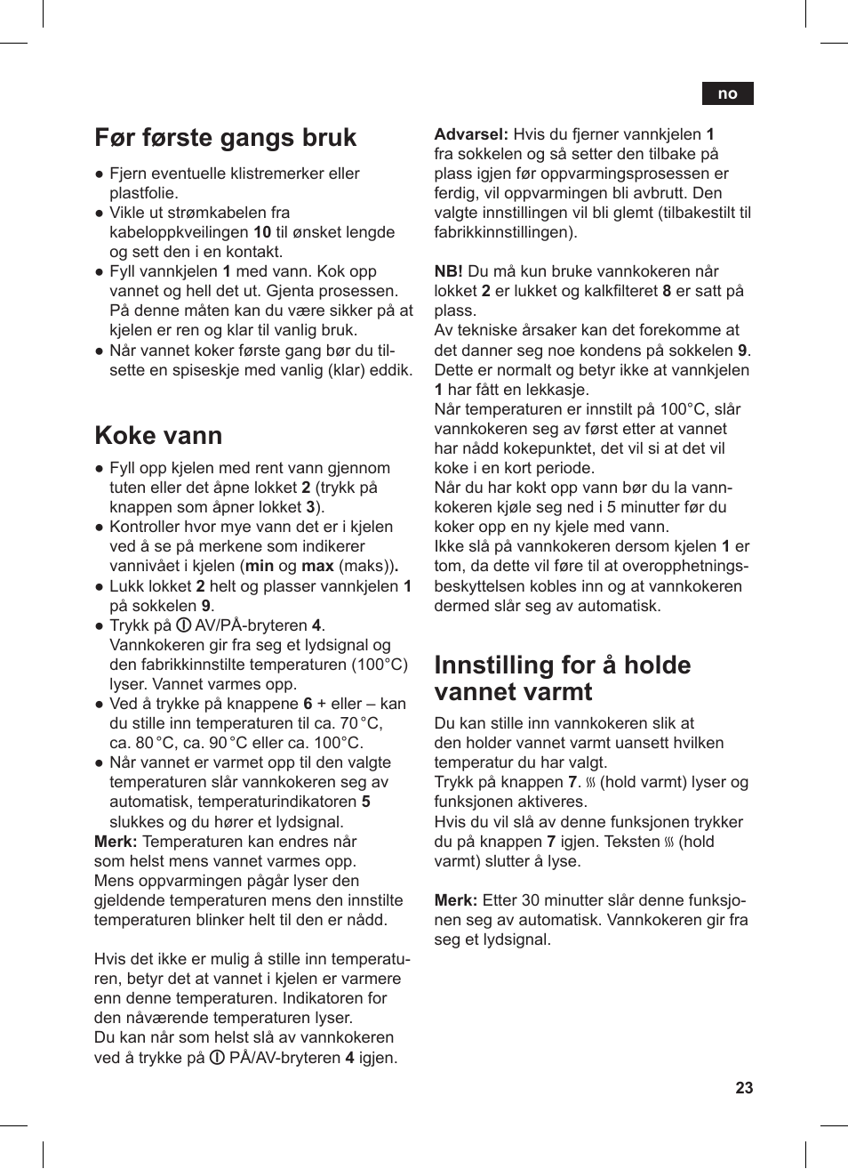 Innstilling for å holde vannet varmt, Før første gangs bruk, Koke vann | Siemens TW86104 User Manual | Page 25 / 74