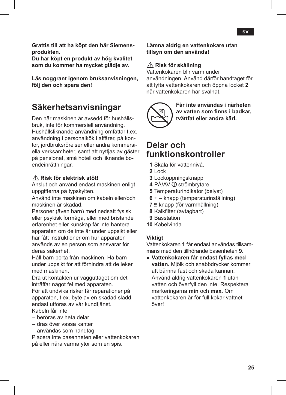 Säkerhetsanvisningar, Delar och funktionskontroller | Siemens TW86104 User Manual | Page 27 / 74