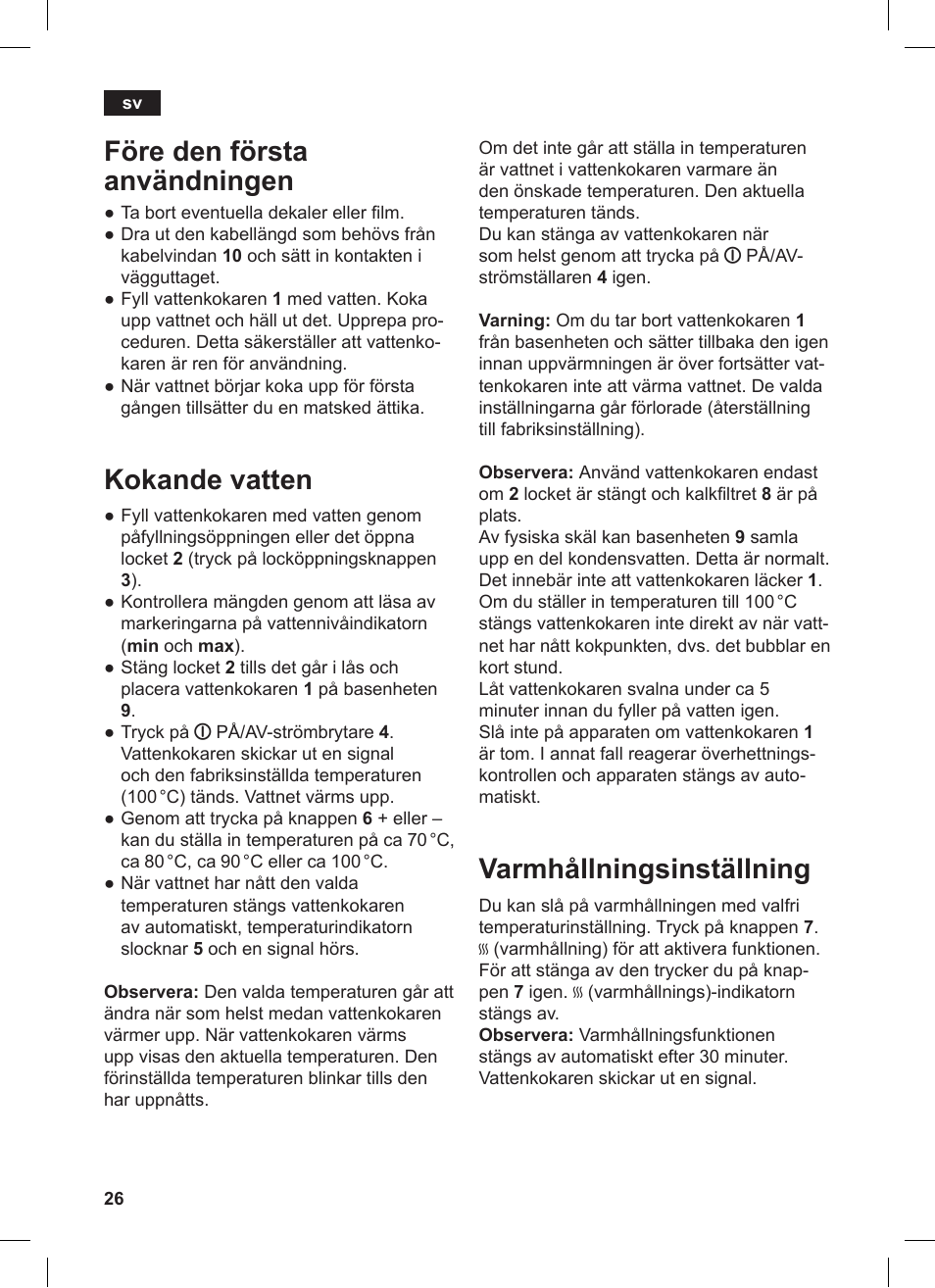 Varmhållningsinställning, Före den första användningen, Kokande vatten | Siemens TW86104 User Manual | Page 28 / 74