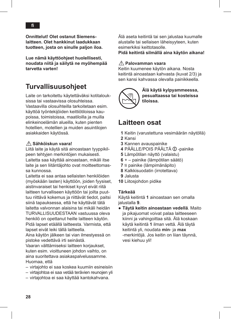 Turvallisuusohjeet, Laitteen osat | Siemens TW86104 User Manual | Page 30 / 74