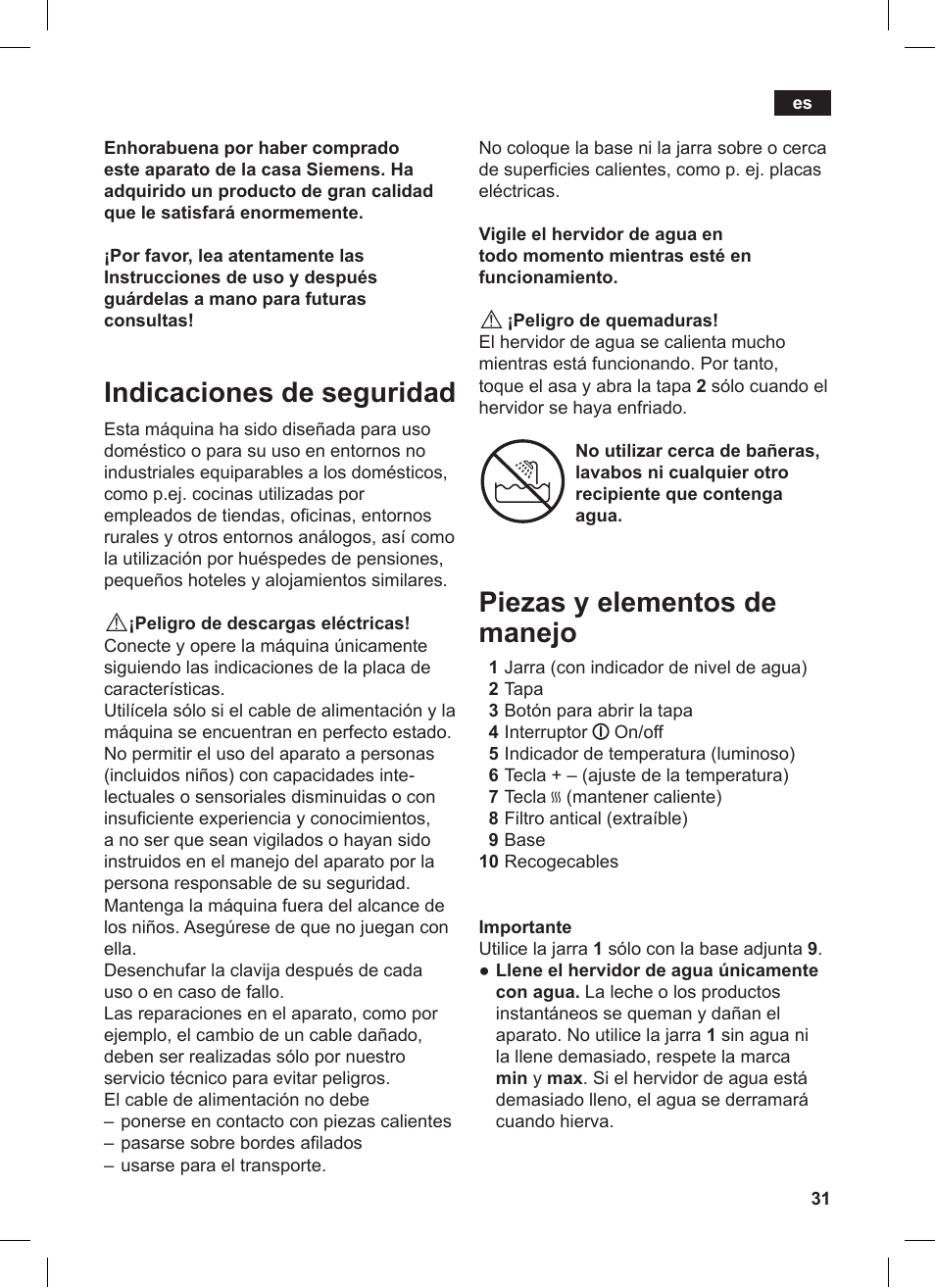 Indicaciones de seguridad, Piezas y elementos de manejo | Siemens TW86104 User Manual | Page 33 / 74