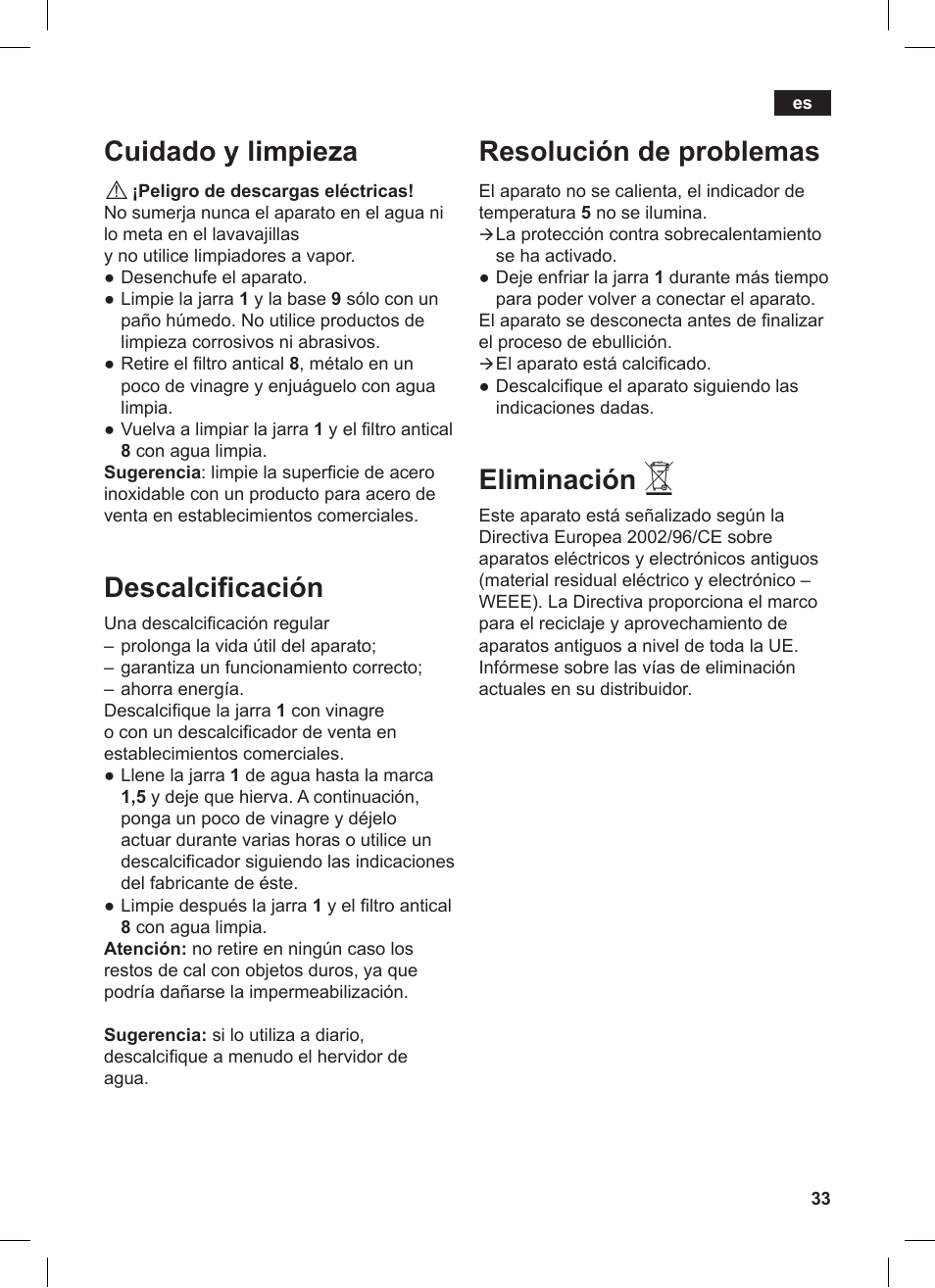 Resolución de problemas, Eliminación, Cuidado y limpieza | Descalcificación | Siemens TW86104 User Manual | Page 35 / 74