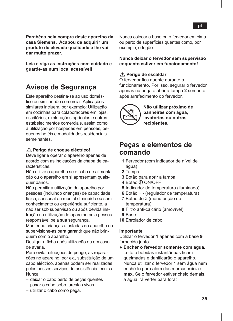 Avisos de segurança, Peças e elementos de comando | Siemens TW86104 User Manual | Page 37 / 74