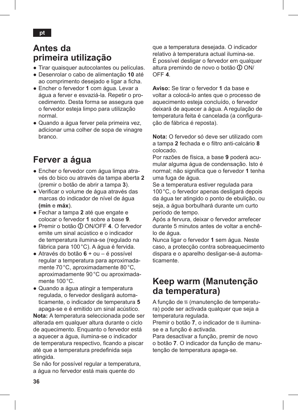 Keep warm (manutenção da temperatura), Antes da primeira utilização, Ferver a água | Siemens TW86104 User Manual | Page 38 / 74