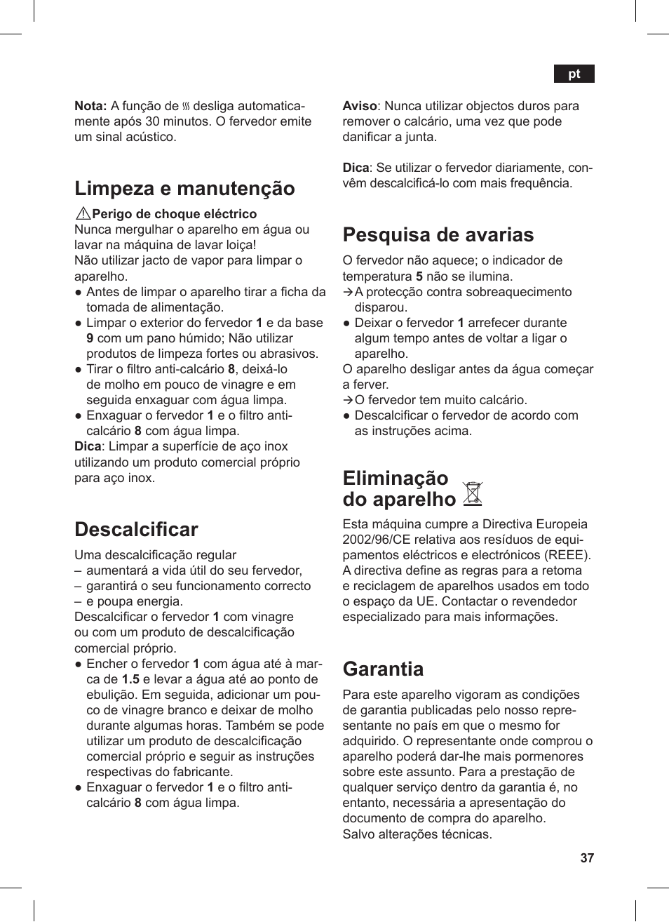 Pesquisa de avarias, Eliminação do aparelho, Garantia | Limpeza e manutenção, Descalcificar | Siemens TW86104 User Manual | Page 39 / 74