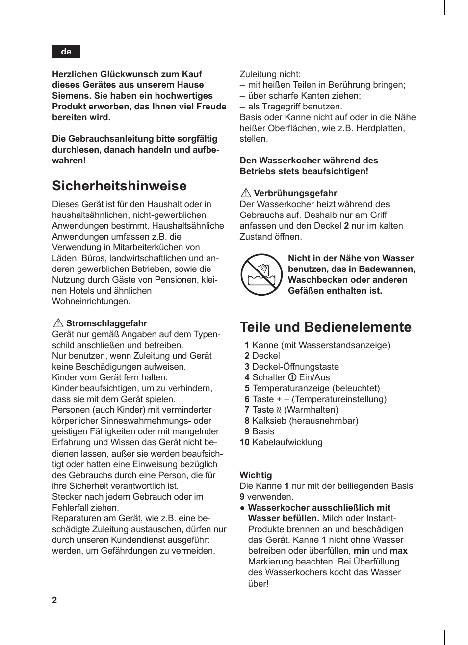 Sicherheitshinweise, Teile und bedienelemente | Siemens TW86104 User Manual | Page 4 / 74