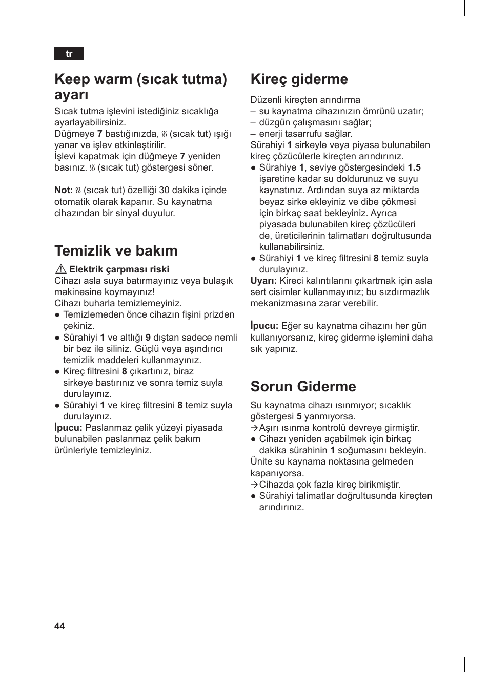 Kireç giderme, Sorun giderme, Keep warm (sıcak tutma) ayarı | Temizlik ve bakım | Siemens TW86104 User Manual | Page 46 / 74