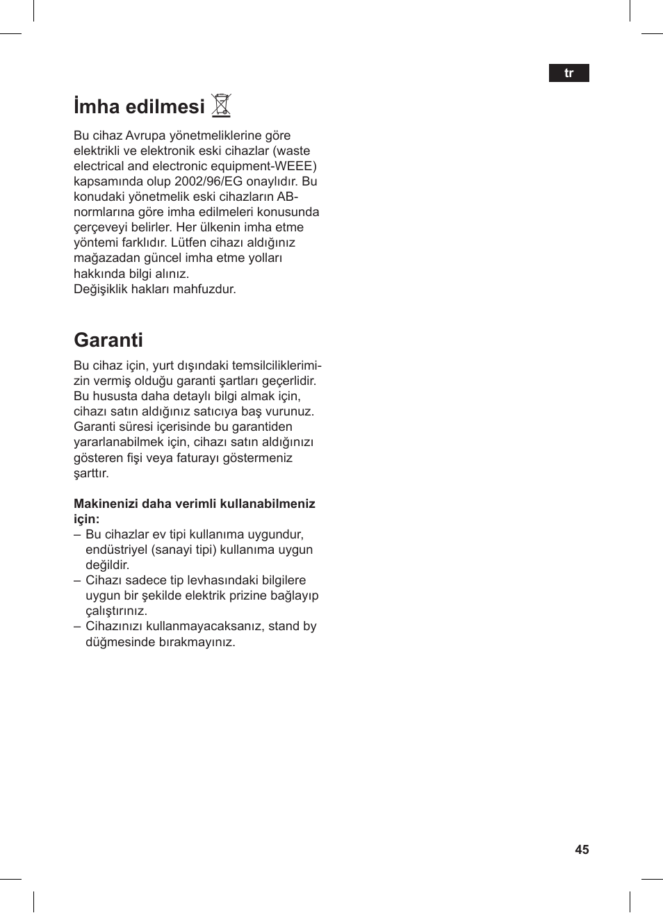 Imha edilmesi, Garanti | Siemens TW86104 User Manual | Page 47 / 74