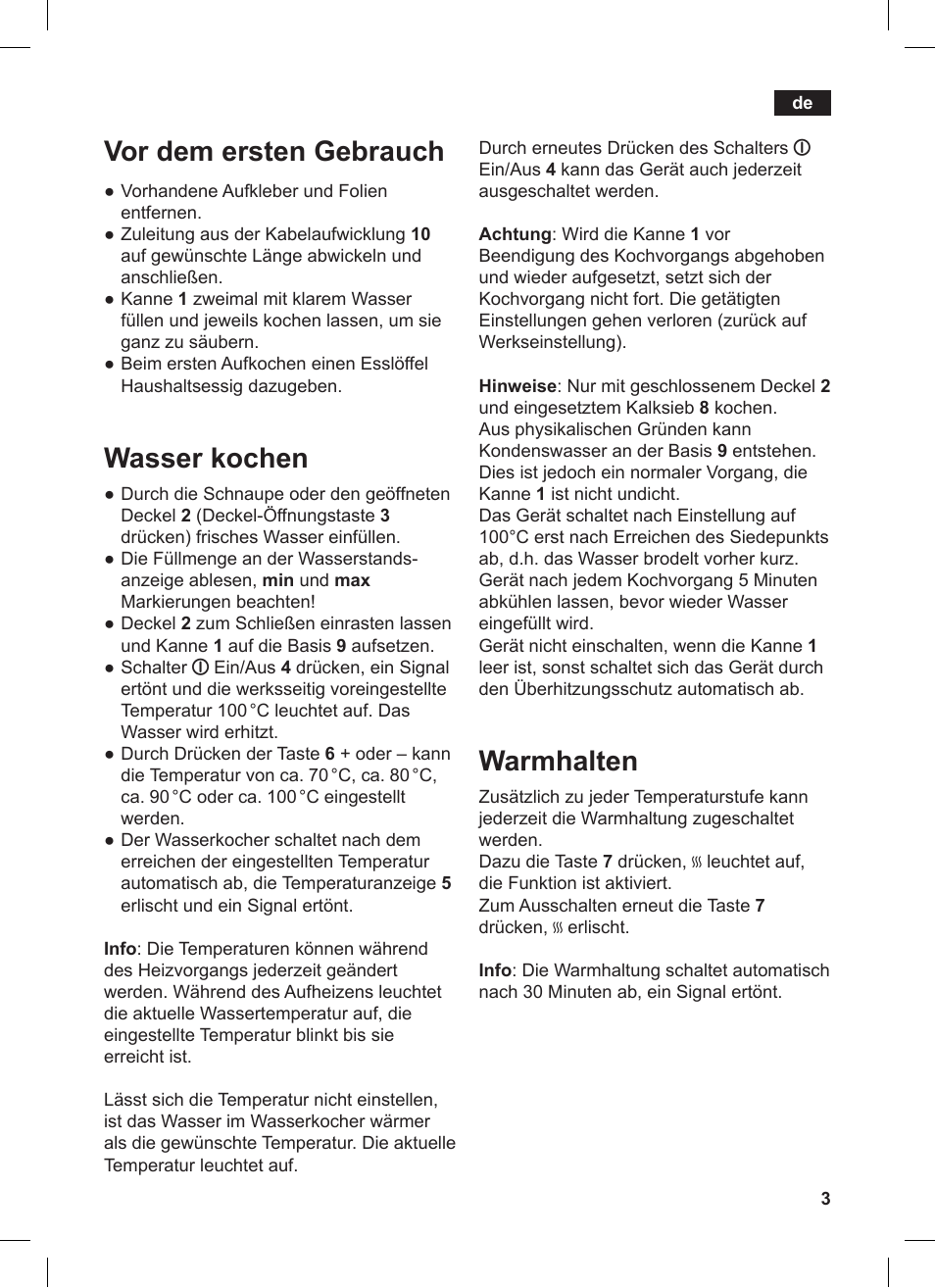 Warmhalten, Vor dem ersten gebrauch, Wasser kochen | Siemens TW86104 User Manual | Page 5 / 74