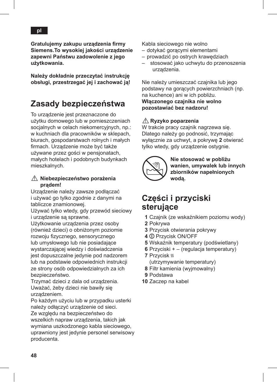 Zasady bezpieczeństwa, Części i przyciski sterujące | Siemens TW86104 User Manual | Page 50 / 74