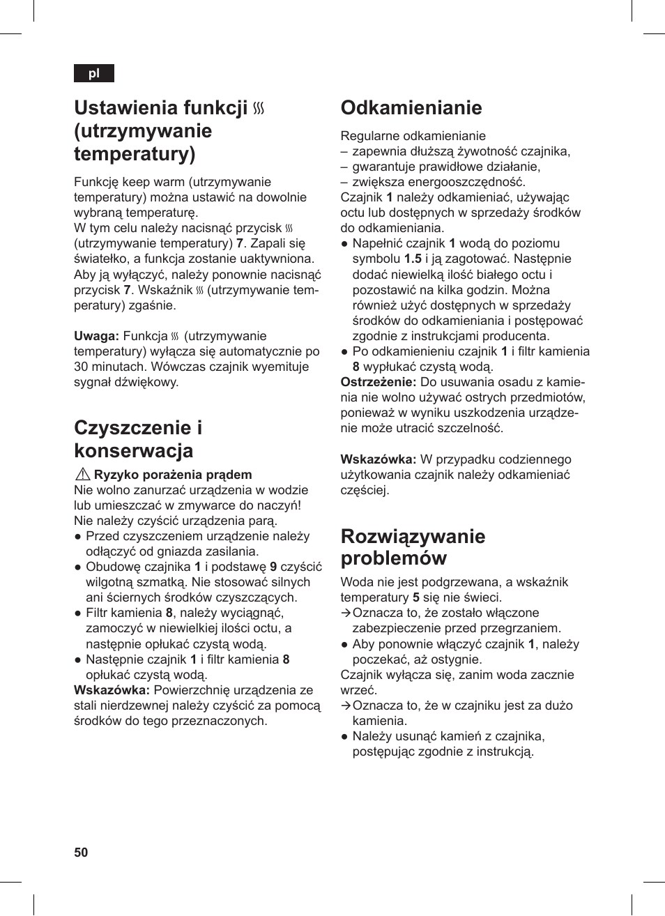 Odkamienianie, Rozwiązywanie problemów, Ustawienia funkcji u (utrzymywanie temperatury) | Czyszczenie i konserwacja | Siemens TW86104 User Manual | Page 52 / 74