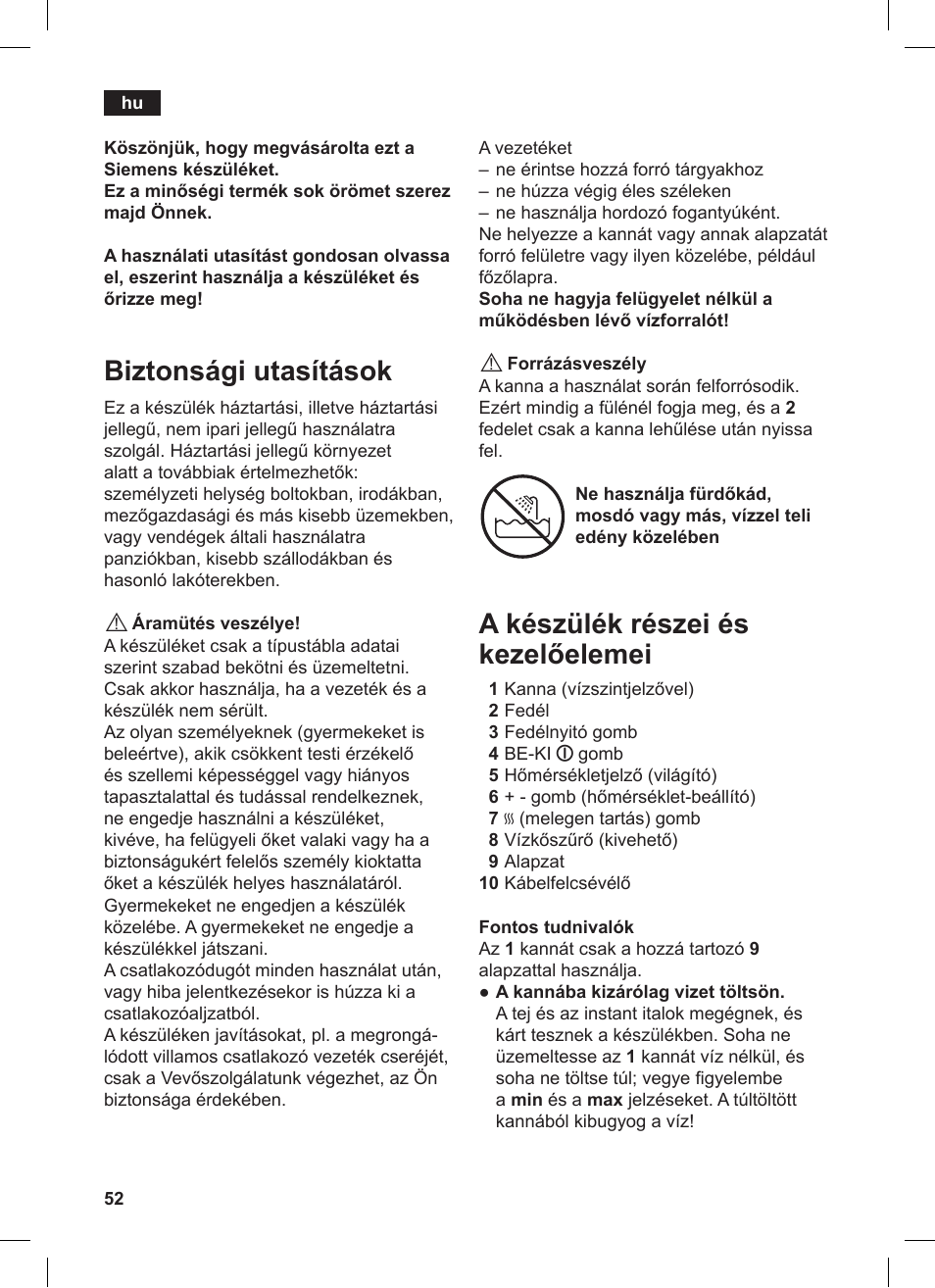 Biztonsági utasítások, A készülék részei és kezelőelemei | Siemens TW86104 User Manual | Page 54 / 74