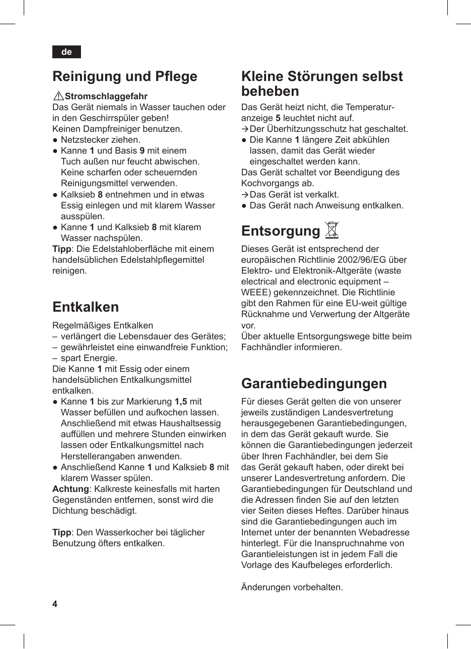 Kleine störungen selbst beheben, Entsorgung, Garantiebedingungen | Reinigung und pflege, Entkalken | Siemens TW86104 User Manual | Page 6 / 74