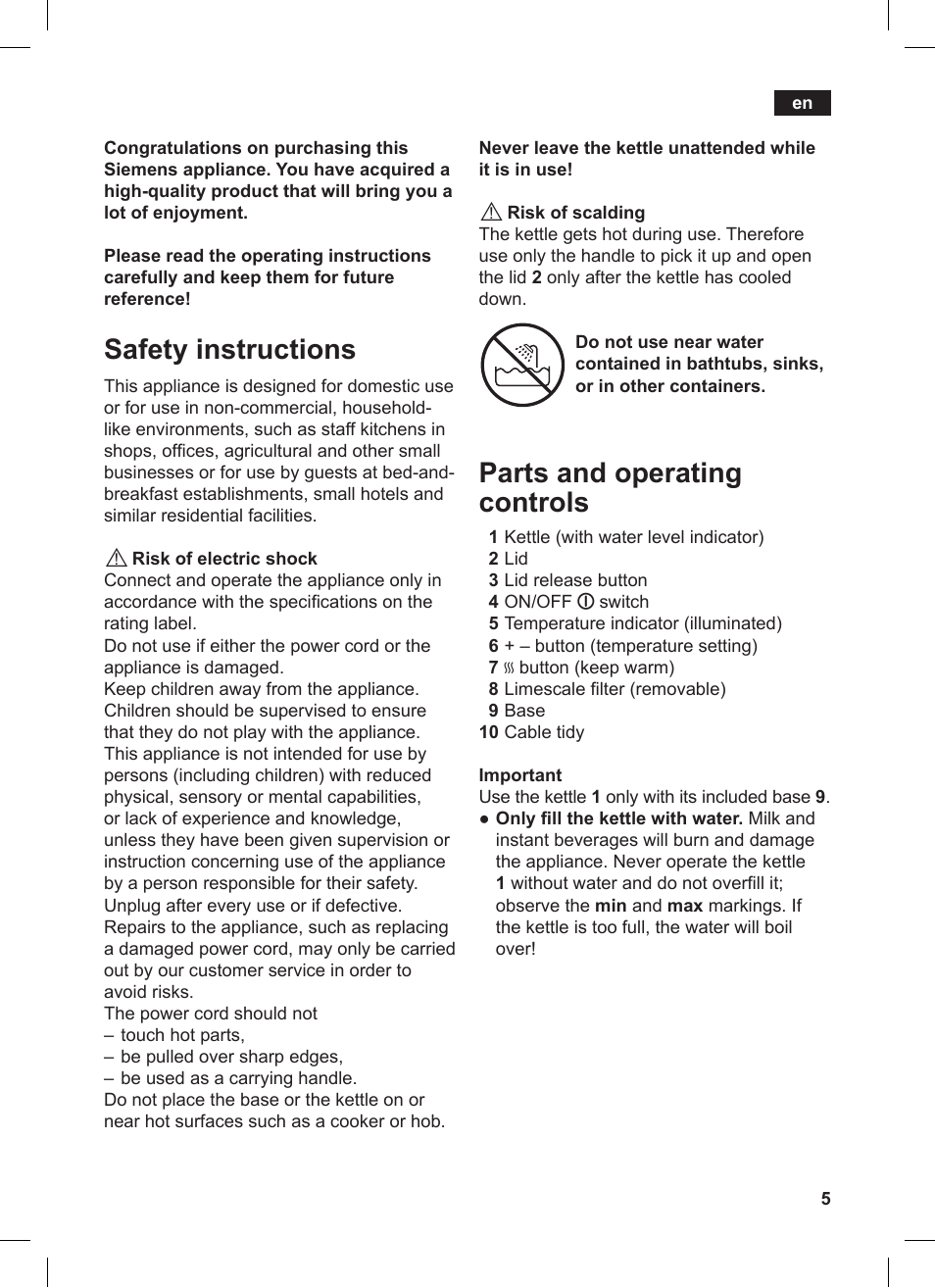 Safety instructions, Parts and operating controls | Siemens TW86104 User Manual | Page 7 / 74