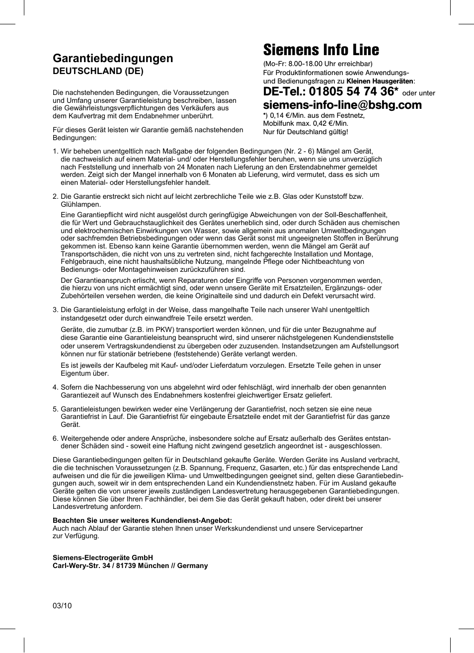 Siemens info line, Garantiebedingungen | Siemens TW86104 User Manual | Page 73 / 74