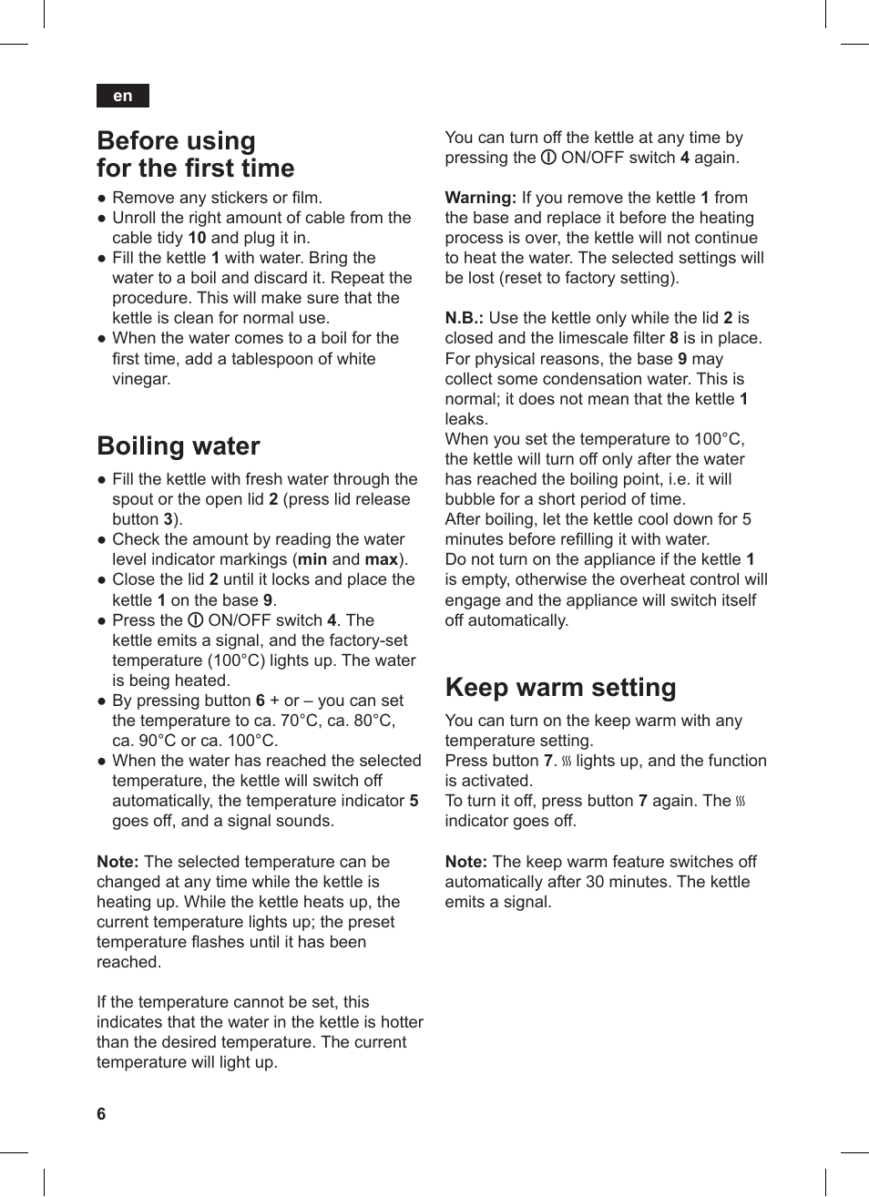 Keep warm setting, Before using for the first time, Boiling water | Siemens TW86104 User Manual | Page 8 / 74