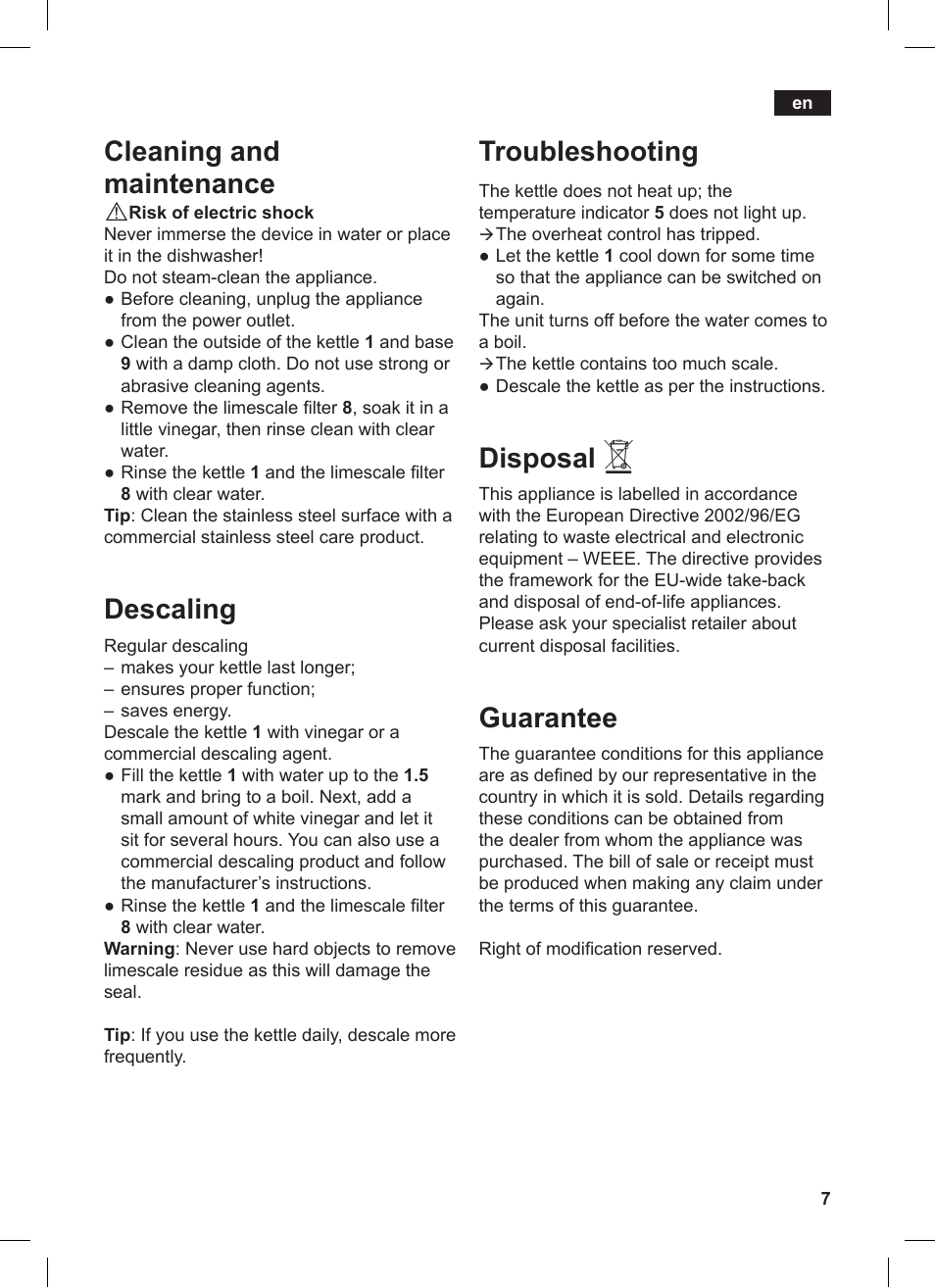 Troubleshooting, Disposal, Guarantee | Cleaning and maintenance, Descaling | Siemens TW86104 User Manual | Page 9 / 74