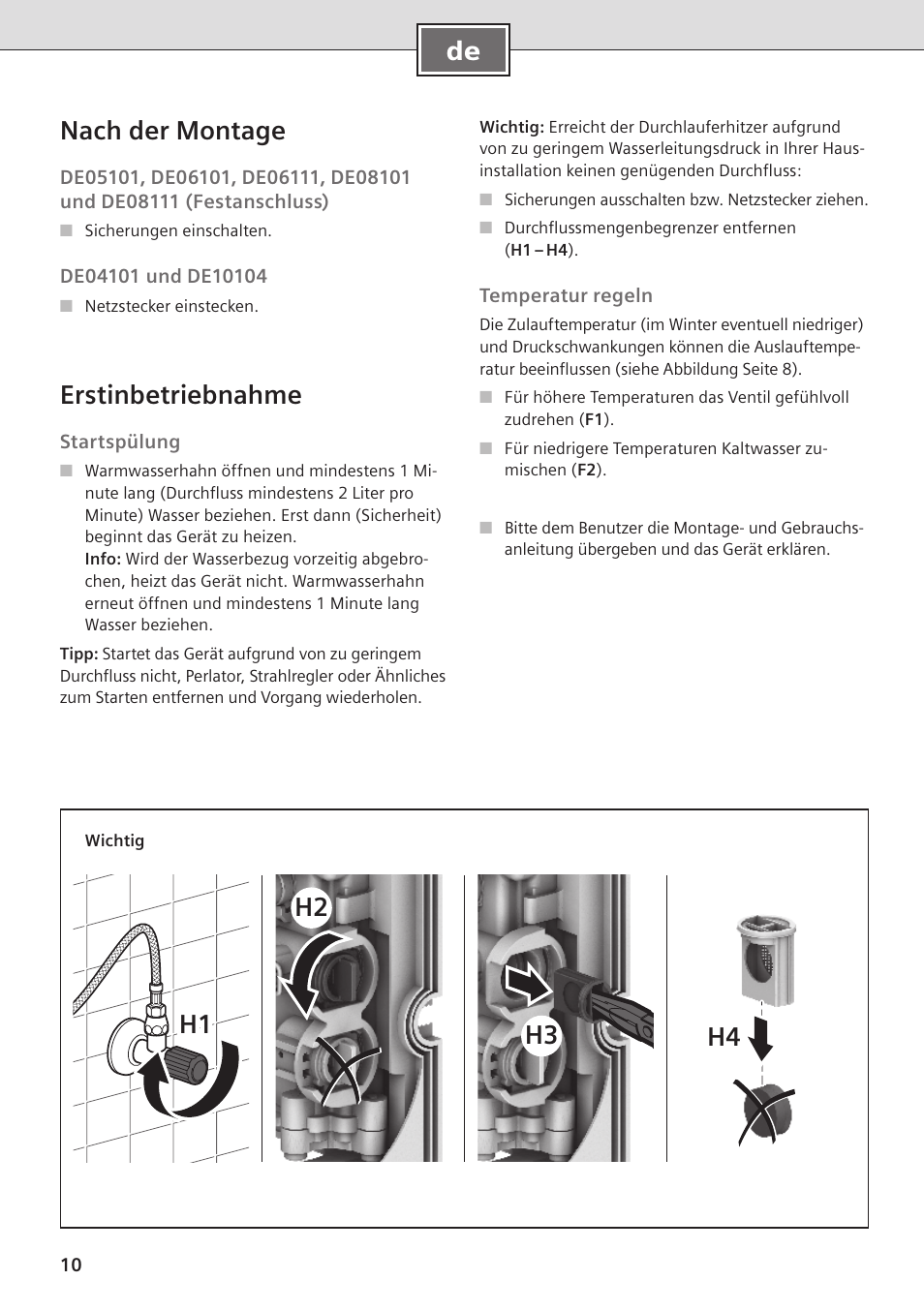 De nach der montage, Erstinbetriebnahme, H2 h1 h3 h4 | Siemens DE08101 User Manual | Page 10 / 80