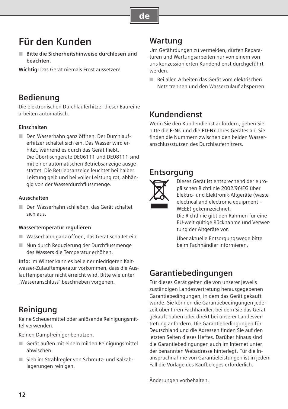 Für den kunden, Bedienung, Reinigung | Wartung, Kundendienst, Entsorgung, Garantiebedingungen | Siemens DE08101 User Manual | Page 12 / 80