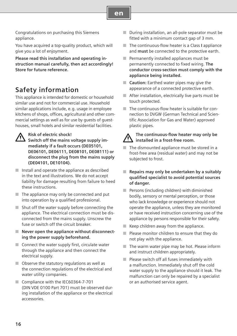 Safety information | Siemens DE08101 User Manual | Page 16 / 80