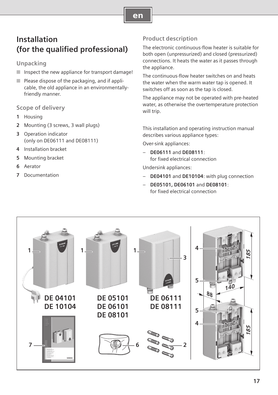 En installation (for the qualified professional) | Siemens DE08101 User Manual | Page 17 / 80