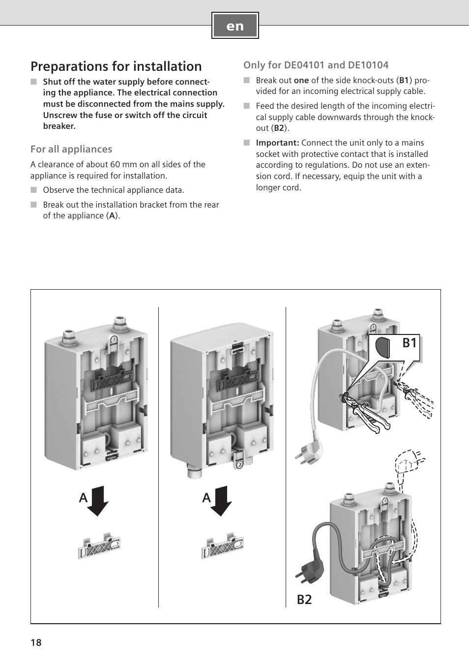 En preparations for installation, B2 b1 a a | Siemens DE08101 User Manual | Page 18 / 80