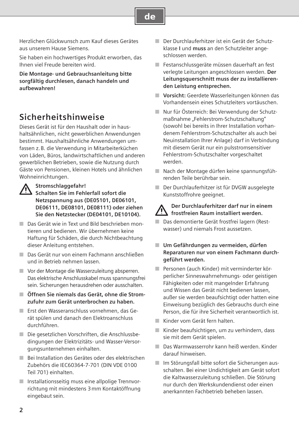 Sicherheitshinweise | Siemens DE08101 User Manual | Page 2 / 80