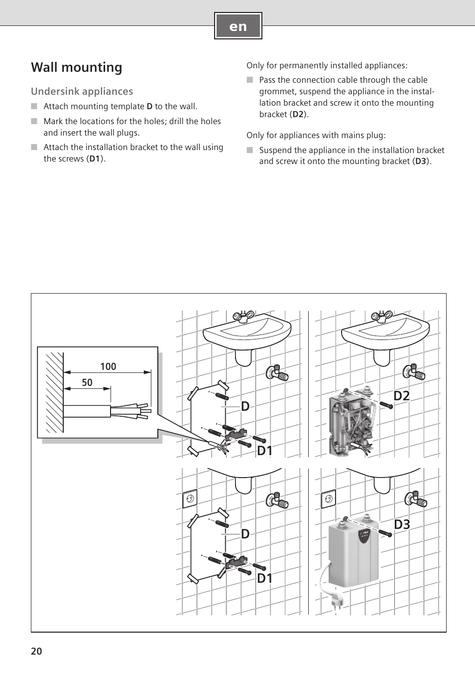 En wall mounting, D3 d1 d d2 d1 d | Siemens DE08101 User Manual | Page 20 / 80