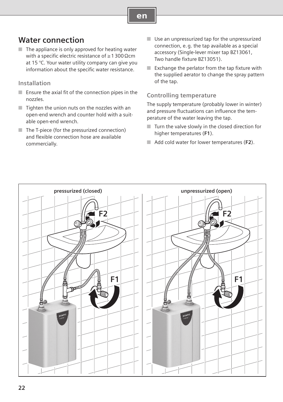 En water connection, F2 f1 f2 f1 | Siemens DE08101 User Manual | Page 22 / 80