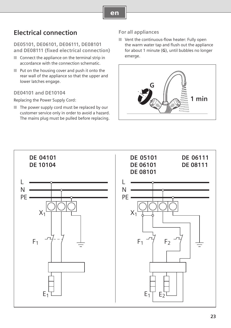 En electrical connection, L n pe x | Siemens DE08101 User Manual | Page 23 / 80