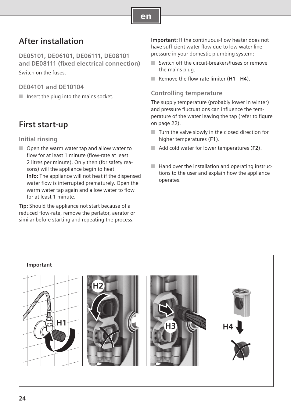 En after installation, First start-up, H2 h1 h3 h4 | Siemens DE08101 User Manual | Page 24 / 80