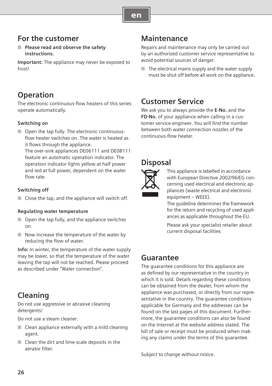 En for the customer, Operation, Cleaning | Maintenance, Customer service, Disposal, Guarantee | Siemens DE08101 User Manual | Page 26 / 80