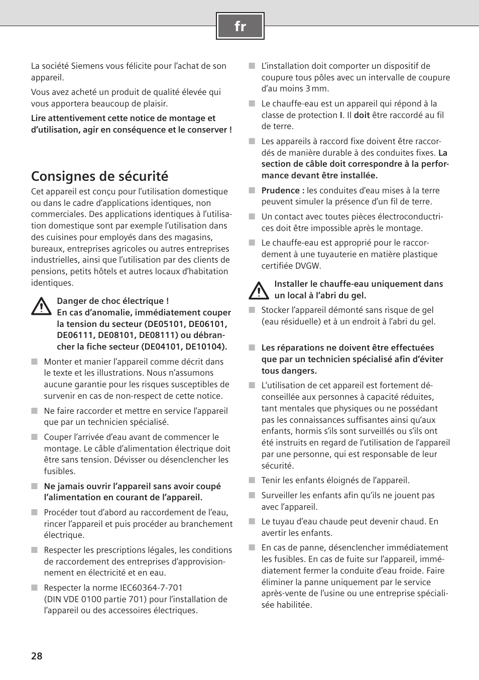 Consignes de sécurité | Siemens DE08101 User Manual | Page 28 / 80