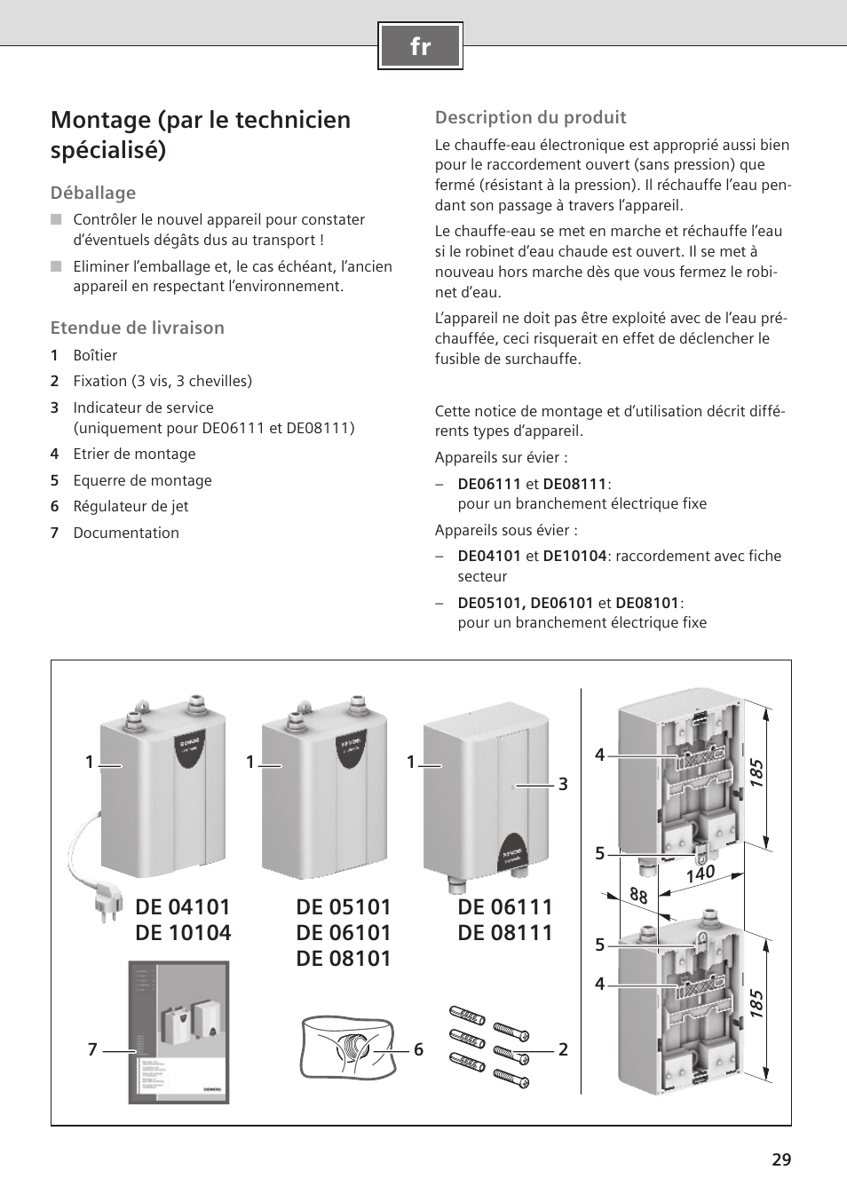 Fr montage (par le technicien spécialisé) | Siemens DE08101 User Manual | Page 29 / 80