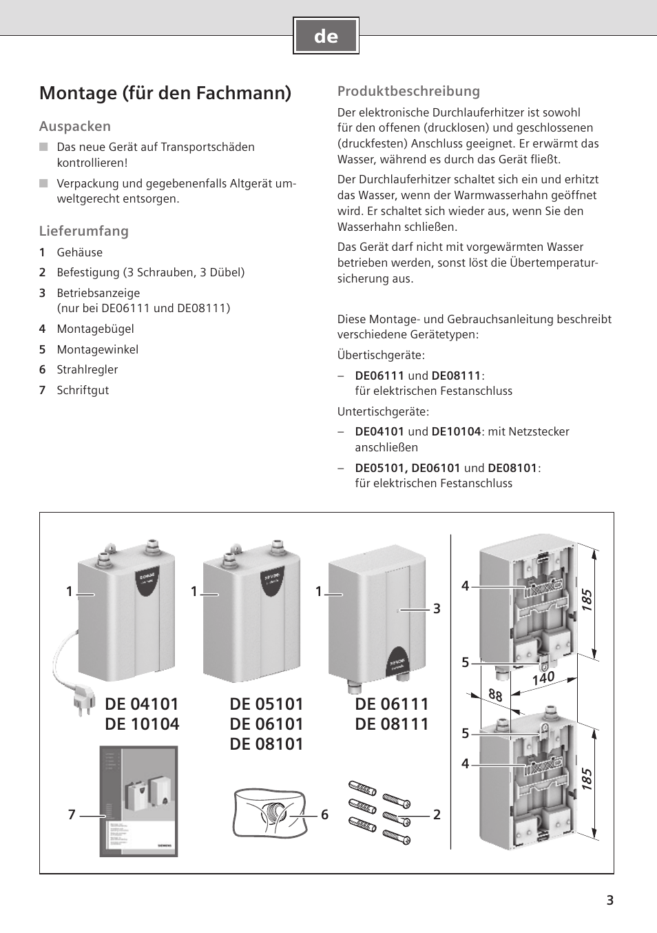 De montage (für den fachmann) | Siemens DE08101 User Manual | Page 3 / 80