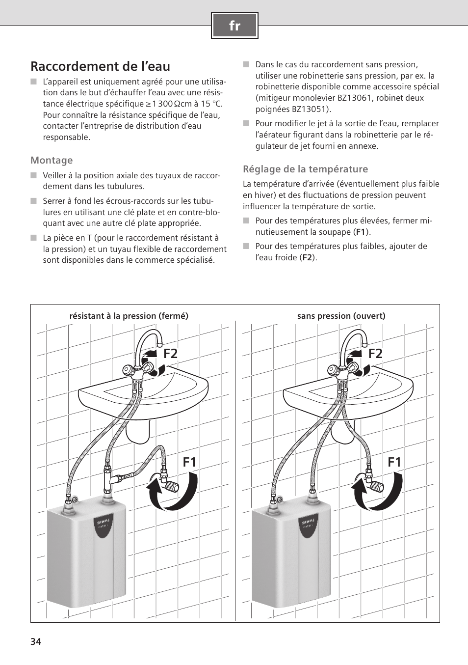 Fr raccordement de l’eau, F2 f1 f2 f1 | Siemens DE08101 User Manual | Page 34 / 80