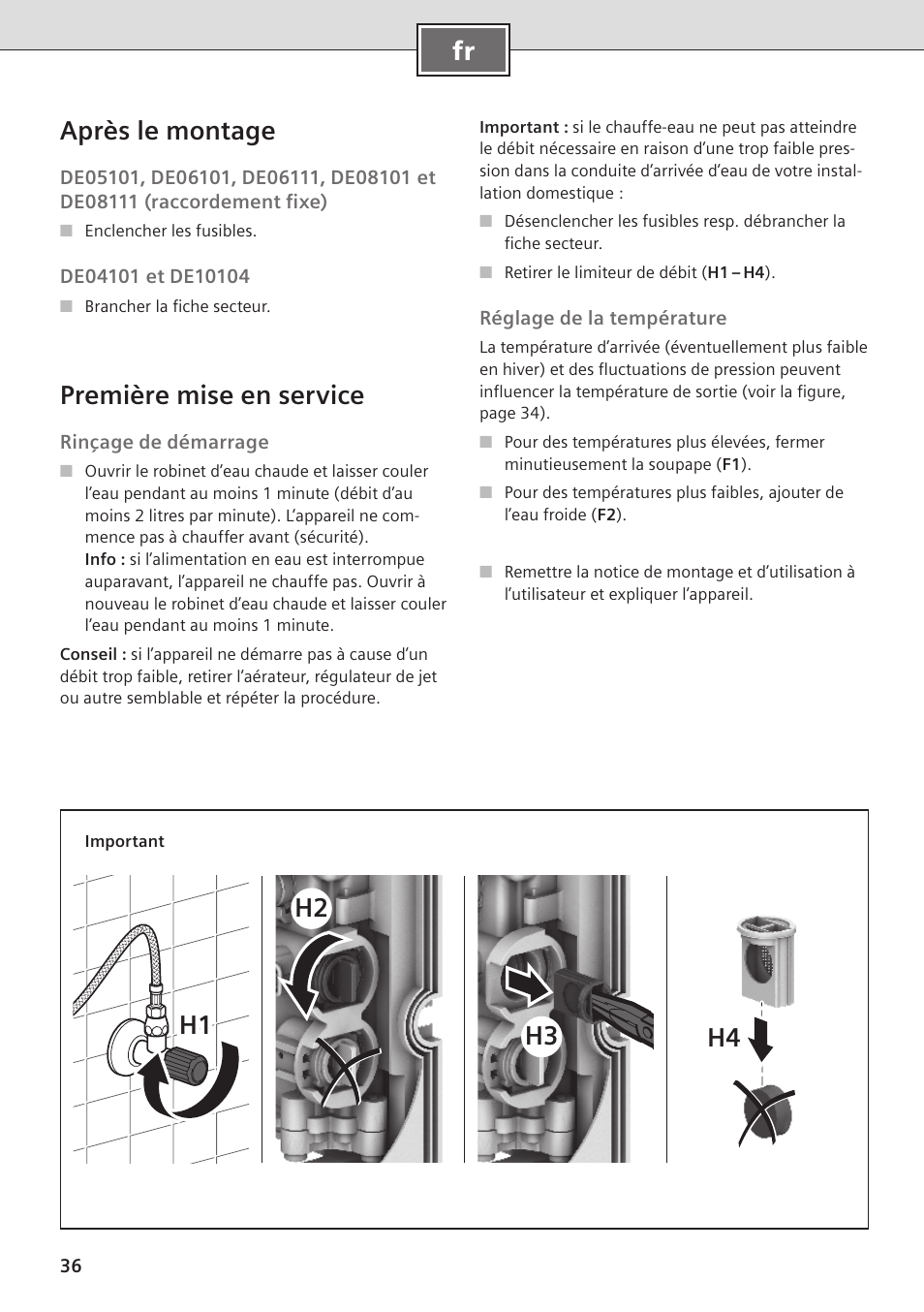 Fr après le montage, Première mise en service, H2 h1 h3 h4 | Siemens DE08101 User Manual | Page 36 / 80