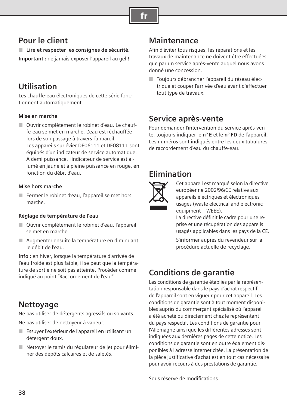 Fr pour le client, Utilisation, Nettoyage | Maintenance, Service après-vente, Elimination, Conditions de garantie | Siemens DE08101 User Manual | Page 38 / 80