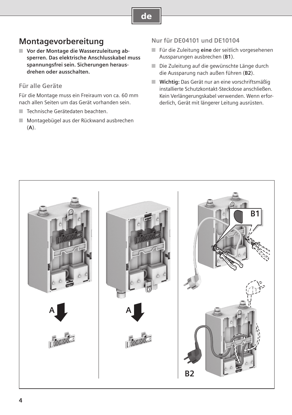 De montagevorbereitung, B2 b1 a a | Siemens DE08101 User Manual | Page 4 / 80