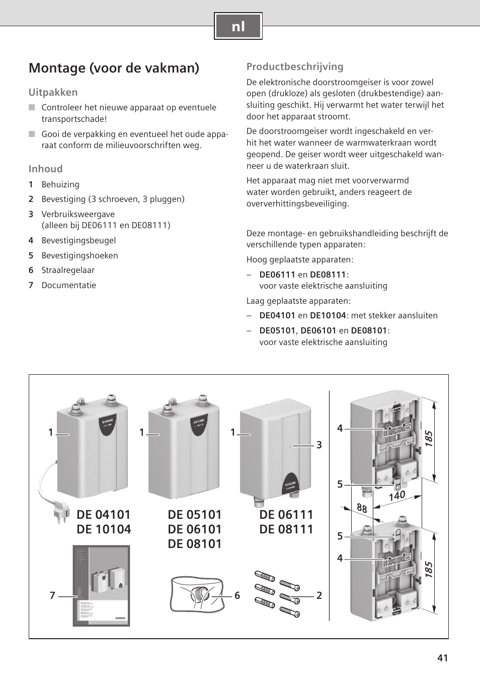 Nl montage (voor de vakman) | Siemens DE08101 User Manual | Page 41 / 80