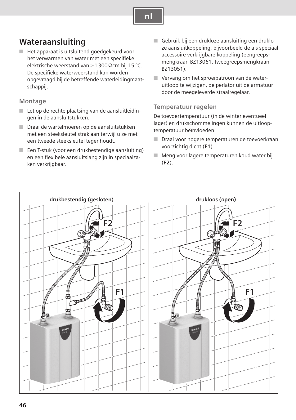 Nl wateraansluiting, F2 f1 f2 f1 | Siemens DE08101 User Manual | Page 46 / 80