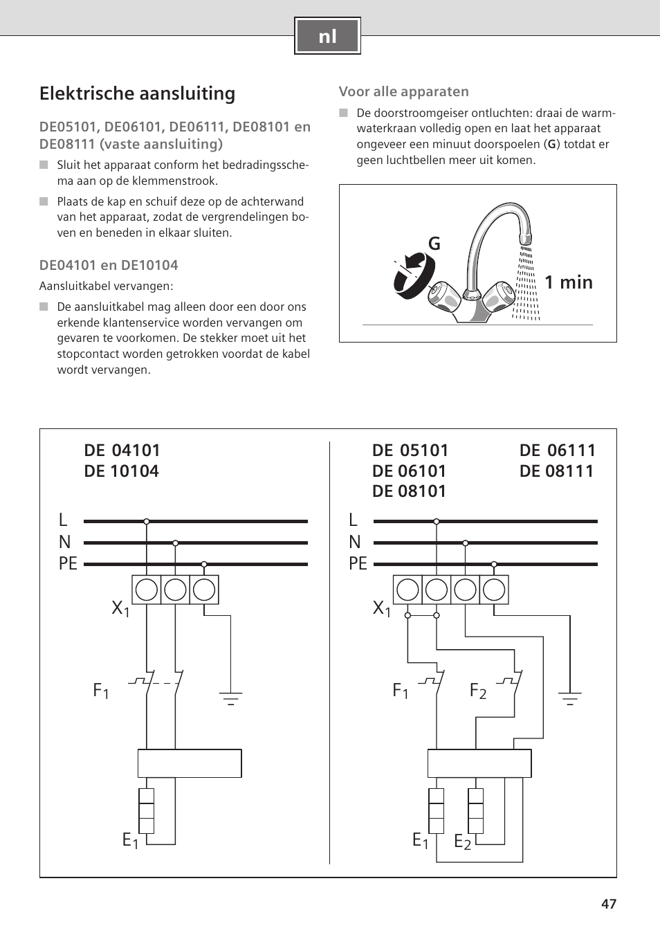 Nl elektrische aansluiting, L n pe x | Siemens DE08101 User Manual | Page 47 / 80