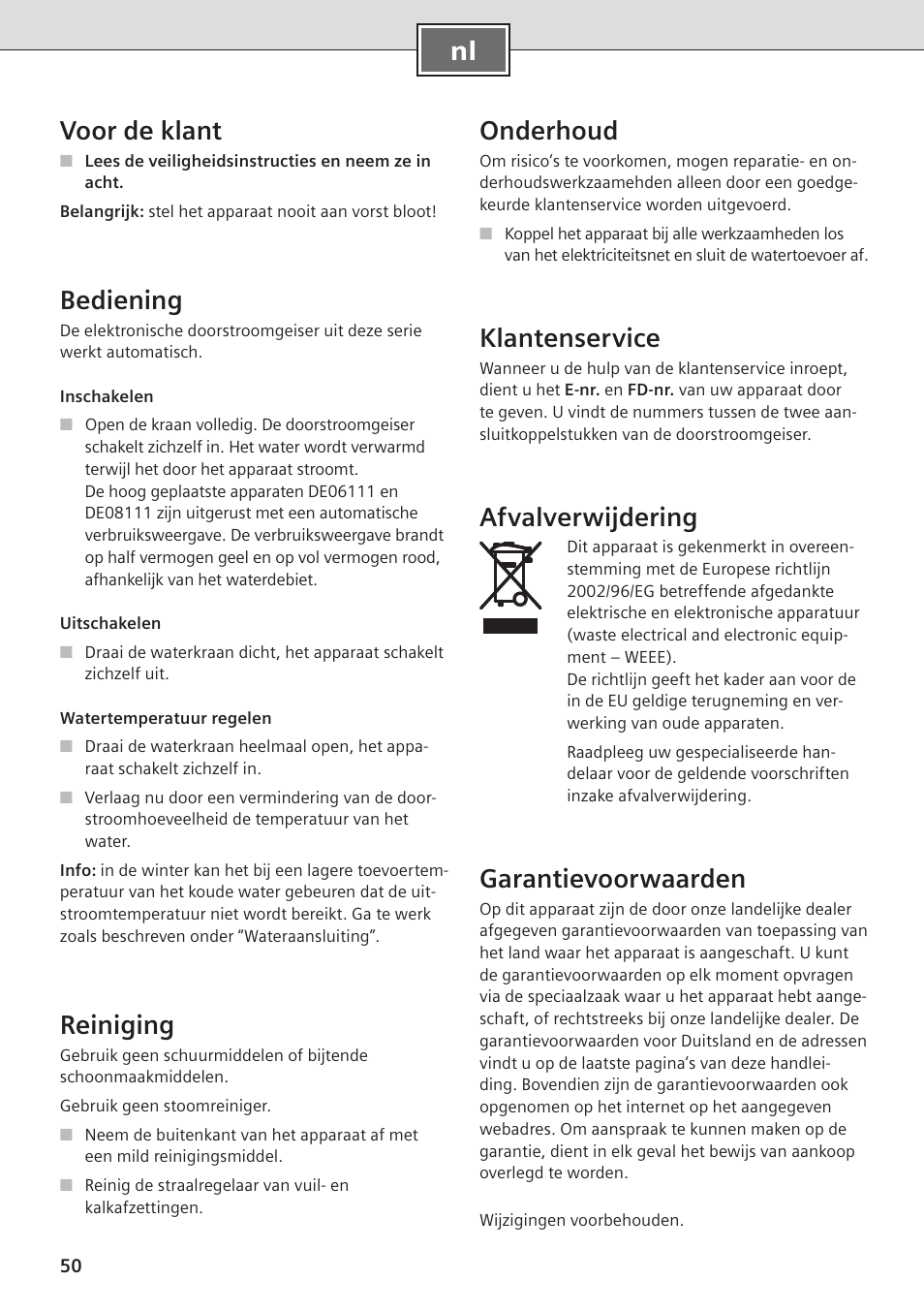 Nl voor de klant, Bediening, Reiniging | Onderhoud, Klantenservice, Afvalverwijdering, Garantievoorwaarden | Siemens DE08101 User Manual | Page 50 / 80