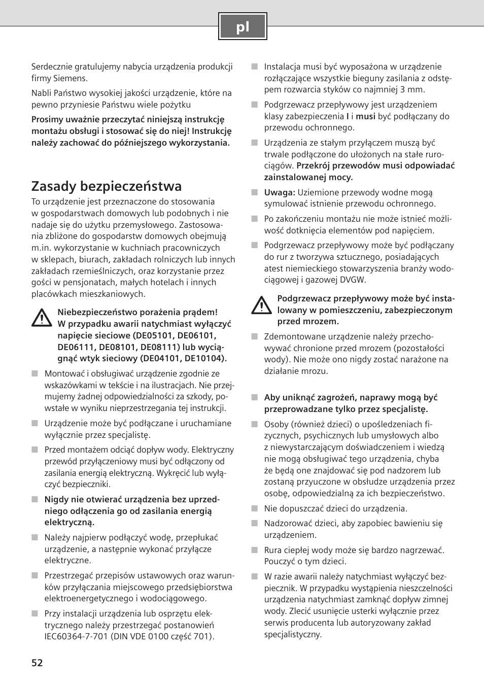 Zasady bezpieczeństwa | Siemens DE08101 User Manual | Page 52 / 80