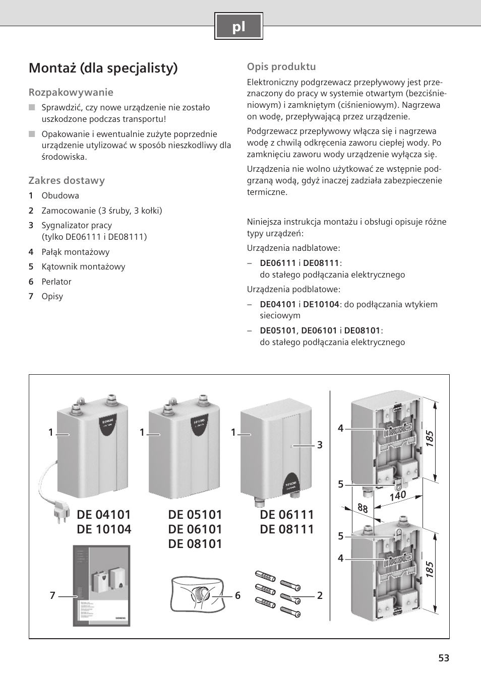 Pl montaż (dla specjalisty) | Siemens DE08101 User Manual | Page 53 / 80