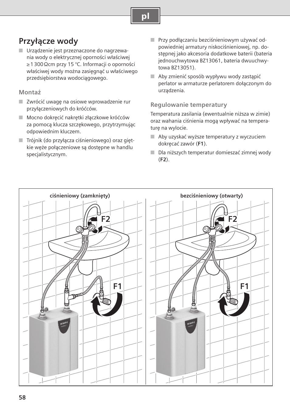 Pl przyłącze wody, F2 f1 f2 f1 | Siemens DE08101 User Manual | Page 58 / 80